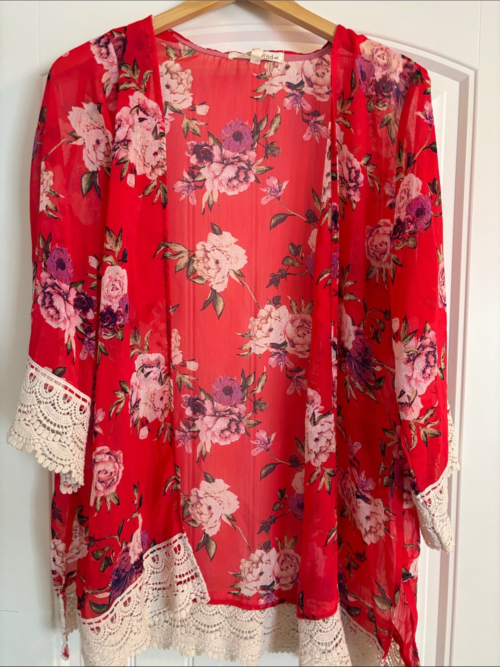 Rewind Red Floral Lace Trim Sheer Kimono